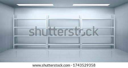 Cold room in warehouse with empty metal racks. Vector cartoon interior of industrial storage freezer with shelves, tiled walls and floor. Refrigerator chamber in factory, store or restaurant