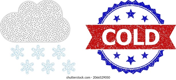 Cold scratched stamp, and snow cloud icon polygonal model. Red and blue bicolored stamp contains Cold text inside ribbon and rosette. Abstract 2d mesh snow cloud, designed with polygonal grid.