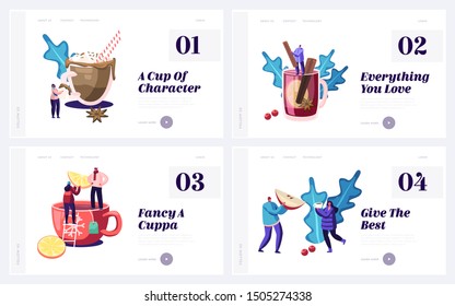 Cold Season Drinks Website Landing Page Set. Male and Female Characters Drinking Hot Beverage at Autumn or Winter Time. Cocoa Tea Mulled Wine Chocolate Web Page Banner. Flat Vector Illustration