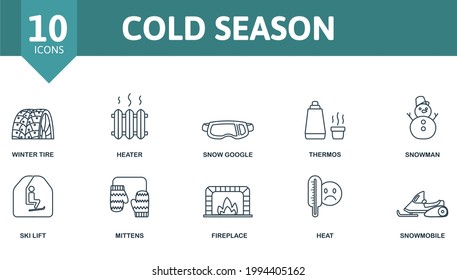 Cold Season icon set. Contains editable icons winter theme such as ski, ski lift, snow goggle and more.