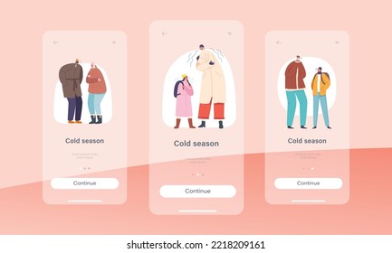 Cold Season Mobile App Page Onboard Screen Template. People At Wintertime Freeze, Characters Wear Warm Winter Clothes Suffering Of Low Minus Degrees Temperature Concept. Cartoon Vector Illustration