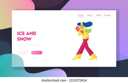 Cold Season Website Landing Page. Young Woman Walking along Street at Bad Weather, Wrapping to Warm Jacket Protecting Body from Frost Hurry at Home Web Page Banner. Cartoon Flat Vector Illustration