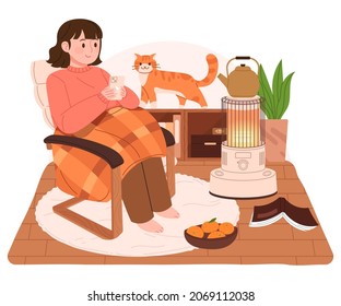 Cold season woman is resting sitting on a chair in a warm room. Autumn winter home interior. Cozy and warm room background vector illustration.