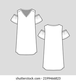 Cold Shoulder dress V Neck Open Shoulder ruffle sleeve Fashion design Technical drawing template cad flat sketch