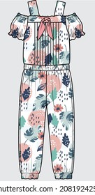 COLD SHOULDER  FLORAL PATTERN JUMPSUIT WITH  EMBROIDERED OR KID GIRLS AND TEEN GIRLS IN EDITABLE VECTOR FILE