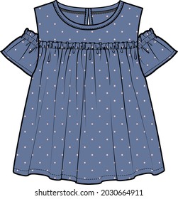 COLD SHOULDER POLKA DOT WOVEN TOP FOR KID GIRLS AND TEEN GIRLS IN EDITABLE VECTOR FILE