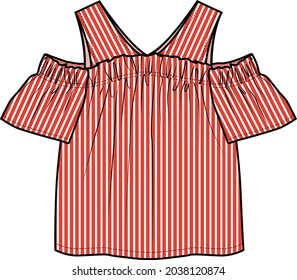 COLD SHOULDER SEER SUCKER WOVEN TOPS FOR KID GIRLS AND TEEN GIRLS IN EDITABLE VECTOR FILE