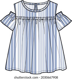 COLD SHOULDER STRIPER WOVEN TOPS FOR KID GIRLS AND TEEN GIRLS IN EDITABLE VECTOR FILE