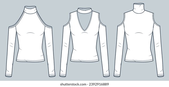 Cold Shoulder Top technical fashion illustration. Roll Neck T-Shirt fashion flat technical drawing template, long sleeve, v-neck, cutouts, slim fit, front view, white, women Top CAD mockup set.