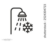 cold shower icon, bath room, bathing, douche with snowflake, thin line vector illustration