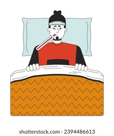Cold sick caucasian man lying in bed 2D linear cartoon character. Top view exhausted male with thermometer isolated line vector person white background. Wrapped in blanket color flat spot illustration