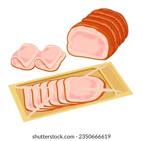 Cold smoked meat with slices. Sliced spicy ham isolated on white background. Meat delicacy  in vacuum plastic packaging. Cartoon. Traditional cold cuts made of meat and spices