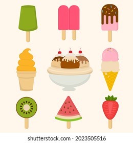 Cold snack colorful ice creams different variation with sliced fruits on sticks