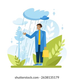 Cold snap. The weather is rain. A man in a coat stands in the rain without an umbrella. Cloudy weather. The seasons change. Emotions. The mood is ruined