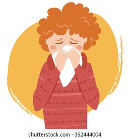 Cold. Sneeze. Vector isolated illustration. Cartoon character.