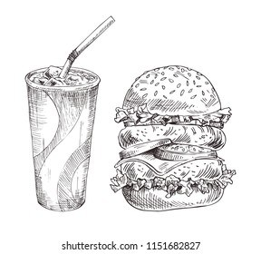 Cold soft beverage and huge burger graphic art, vector illustration of fresh soda in cardboard cup with print, hamburger with cheese and meat cutlets