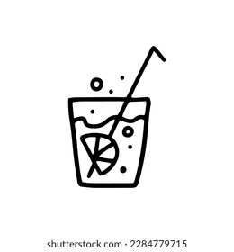 Cold soft drink in a glass. Cocktail with a slice of lemon and a straw. Cooling juice with lime and bubbles. Drawing, icon from black lines.