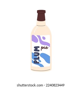 Cold soft drink with plum pie flavor. Bottle of fresh yummy sweet beverage. Sugar summer refreshment with fruit taste. Flat vector illustration isolated on white background