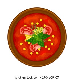 Cold Soup of Tomatoes with Corn and Herbs as Traditional Mexican Dish Vector Illustration