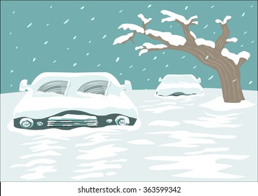 Cold spell concept. Blizzard blankets a city with cars and streets covered with Snow. Editable Clip Art.