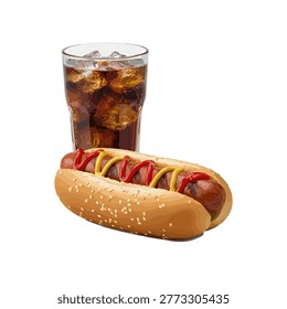 Cold Spiced Brown Drink With Hot Dog And Colorful Condiments.