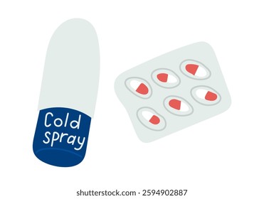 Cold spray and blister pack of pills in a simple flat illustration style, representing medical treatment for colds, flu, and sore throat relief, perfect for healthcare and pharmaceutical designs