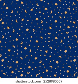 Cold stars and moon seamless pattern with dots on blue background. Create paper, card banner, fabric. Vector illustration. Greeting paper.
