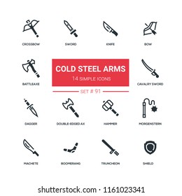 Cold steel arms - flat design style icons set, solid pictograms. Knife, bow, battle axe, crossbow, cavalry sword, dagger, double-edged ax, hammer, morgenstern, machete boomerang truncheon shield