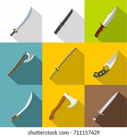 Cold steel arms icon set. Flat style set of 9 cold steel arms vector icons for web design
