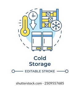 Icono de concepto multicolor de almacenamiento en frío. Industrial tipo edificio. Refrigeración. Control de temperatura. Ilustración de línea de forma redonda. Abstractas idea. Diseño gráfico. Fácil de usar en el folleto