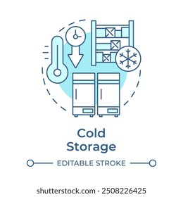 Ícone de conceito azul flexível de armazenamento frio. Tipo de edifício industrial. Refrigeração. Controle de temperatura. Ilustração de linha de forma redonda. Ideia abstrata. Design gráfico. Fácil de usar no folheto