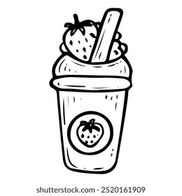 Kalte Erdbeere trinken handgezeichnete Doodle. Milchshake. Beerencocktail. Kunststoffbecher mit Stroh. Süßes Zuckerwasser. Gekühltes Straßengetränk. Fast Food. Illustration der Vektorskizzenstraße.