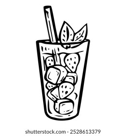 Doodle dibujado a mano de la bebida fría de la fresa. Cóctel con menta y hielo en vaso con paja. Agua dulce y azucarada. Bebida fría en el café. Comida rápida. Vector boceto línea ilustración de arte.