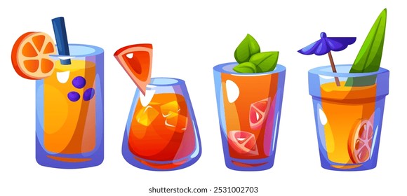 Cold summer beach party citrus alcohol cocktail and mocktail beverage in glass cup with straw and umbrella. Sweet drink with lemon, orange and grapefruit slices, ice cubes, berries and mint leaf.