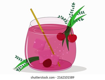 Cold summer cherry lemonade in a glass with ice and herbs on a hot day
