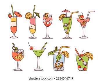 Illustration de doodle colorée de cocktail d'été froid, ensemble d'images vectorielles. Collection d'illustrations de cocktails en image vectorielle. Ensemble d'illustrations de gribouillis colorées à la citronnade froide.