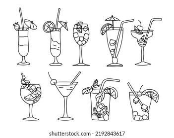 Cold summer cocktail doodle illustration set in vector. Cocktail hand drawn illustrations collection in vector. Cold lemonade doodle illustration set