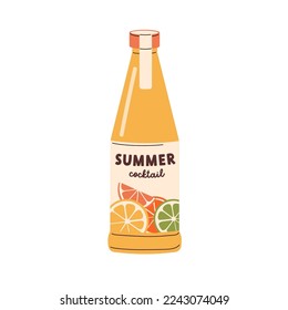 Cold summer cocktail in glass bottle. Fresh orange lemonade, citrus soda, juicy soft drink with citric flavor. Tasty fruit refreshment, juice. Flat vector illustration isolated on white background