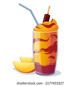 Cold summer drink with fresh mango slices and spicy sauce. Vector colorful illustration isolated on white background. Mango sherbet cocktail with Mexican sauce.