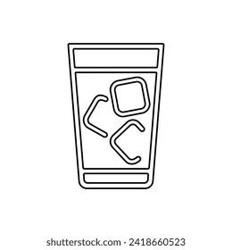 Cold summer drink with ice cubes in glass, line icon, black outline on white. Cola in tall glass. Vector clipart sign or logo of minimalist design, illustration of non-alcoholic beverage or fast food.