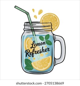 cold summer drink with lemon slices and mint leaf vector art isolated white