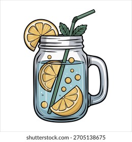 cold summer drink with lemon slices and mint leaf vector art isolated white