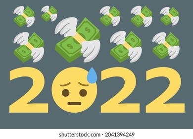 Cold Sweat Face Emoji With Flying Money,concept Year 2022,vector Illustration