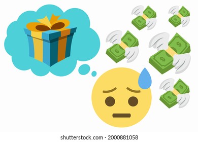 cold sweat face emoji and thought bubble with wrapped present and money with wings on white background,economic problems,consumerism,concept vector illustration