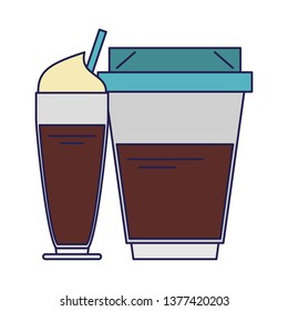 Cold sweet coffee and hot plastic cup blue lines