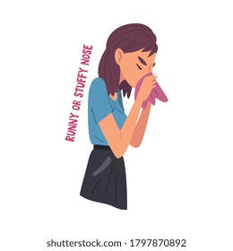 Cold Symptom, Girl Suffering from Runny or Stuffy Nose, Medical Treatment and Healthcare Concept Cartoon Style Vector Illustration
