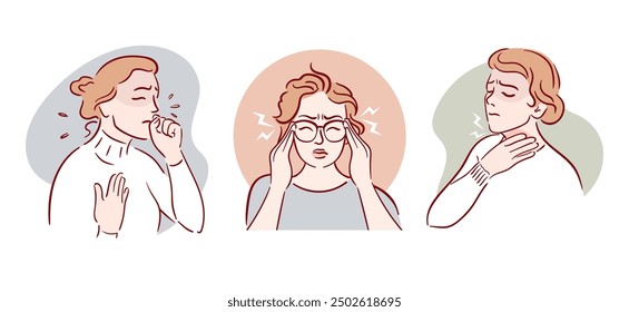 Cold symptoms. Cough, sore throat, headache, fever. Expressive depiction that convey themes of stress and discomfort through artful design. Hand drawn, sketch style. Health problems. Medical brochure