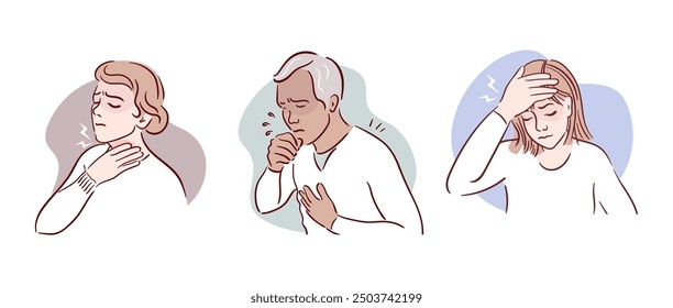 Cold symptoms. Cough, sore throat, headache, fever. Expressive depiction that convey themes of stress and discomfort through artful design. Hand drawn, sketch style. Health problems. Medical brochure