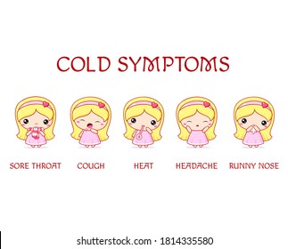 Cold symptoms. Information poster with text and cute girls. Cold symptom - heat, runny nose, sore throat, headache, cough. Medical treatment and healthcare. Vector illustration EPS8