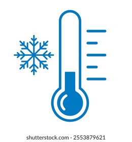 Cold temperature icon, keep frozen label, thermometer with snowflake vector illustration on white background. Cold Weather Flat Sign. Storage in refrigerator and freezer. Weather forecast snowy winter